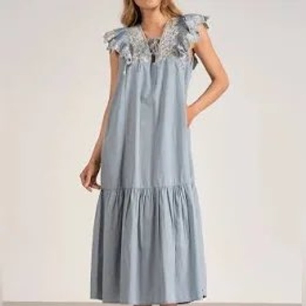 Elan Ruffle Sleeve Embroidered Midi Dress Blue Cotton Eyelet Boho‎ PLE5957 S nn